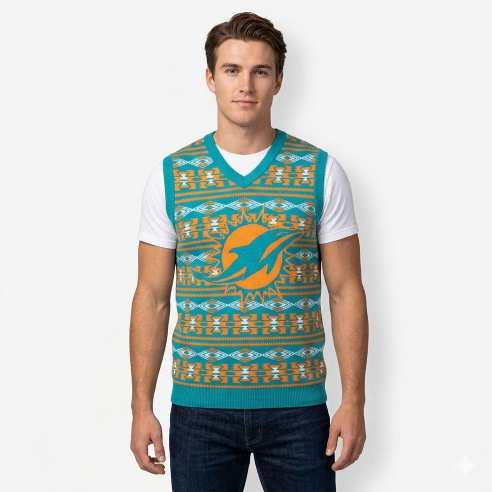 Vintage Miami Dolphins NFL Sweater Vest - Aztec Fair Isle Knit - Men’s‎ L